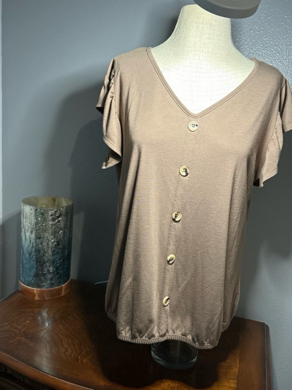 Taupe Button-Front V-Neck Short Sleeve Top